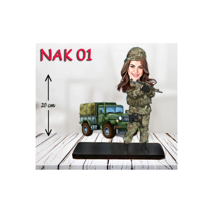 Kişiye Özel Ahşap Biblo - Kadın Asker Karikatür Biblo