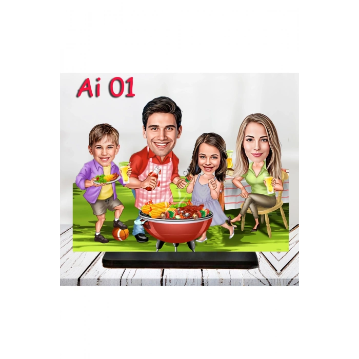 Kişiye Özel Ahşap Biblo - Aile Karikatür Biblo - 4 Kişilik Aile Biblo