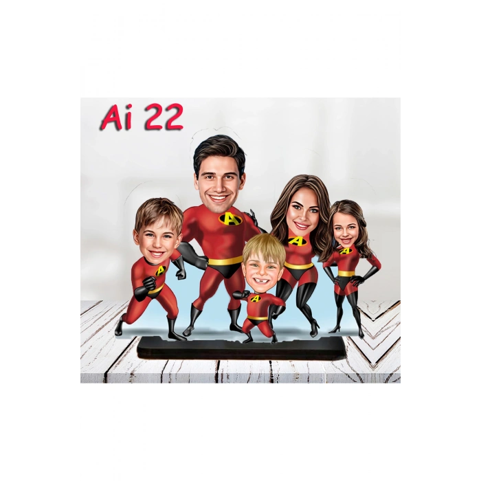 Kişiye Özel Ahşap Biblo - Aile Karikatür Biblo - 5 Kişilik Aile Biblo 5