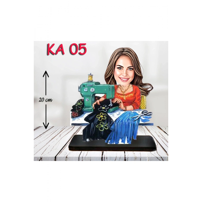 Kişiye Özel Ahşap Biblo - Dikiş Makineli Kadın Karikatür Biblo