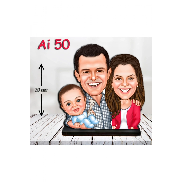 Kişiye Özel Ahşap Biblo - Aile Karikatür Biblo - 3 Kişilik Aile Biblo 13