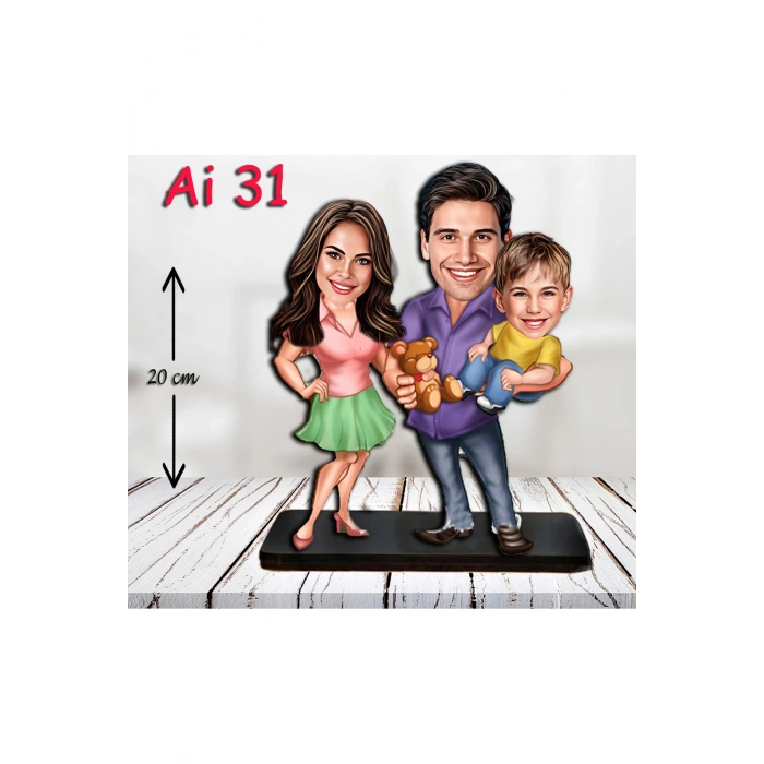 Kişiye Özel Ahşap Biblo - Aile Karikatür Biblo - 3 Kişilik Aile Biblo 11