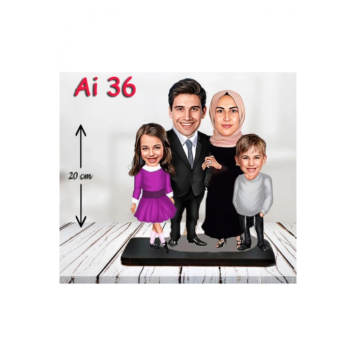 Kişiye Özel Ahşap Biblo - Tesettür Aile Karikatür Biblo - 4 Kişilik Aile Biblo