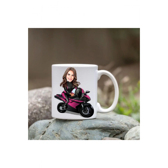 Kişiye Özel Bardak - Karikatür Bardak - Motorlu Kadın Bardağı