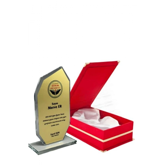 Kadife Kutulu Cam Plaket - Lüks Kutulu Kristal Plaket - Kırmızı Kutulu Cam Plaket