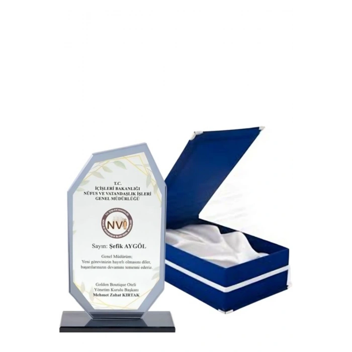 Kadife Kutulu Cam Plaket - Lüks Kutulu Kristal Plaket - Lacivert Kutulu Cam Plaket