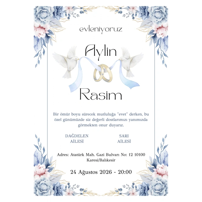 Kişiye Özel Davetiye - Düğün Davetiye - Nişan Davetiye - Nikah Davetiye ( Zarflı ) ( 50 Adet ) MDL 8