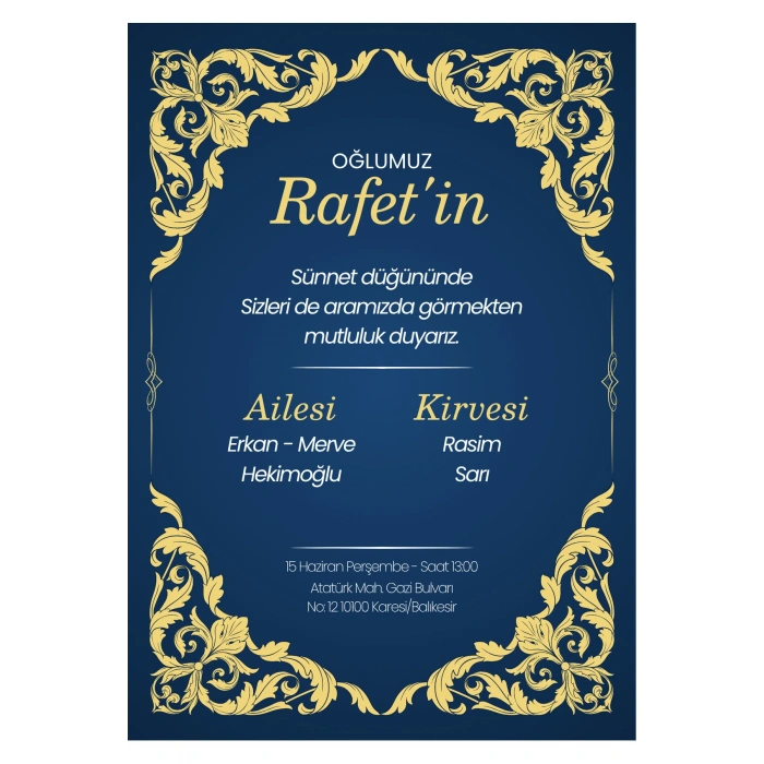 Kişiye Özel Davetiye - Sünnet Davetiye - Sünnet Davetiyesi ( Zarflı ) ( 50 Adet )