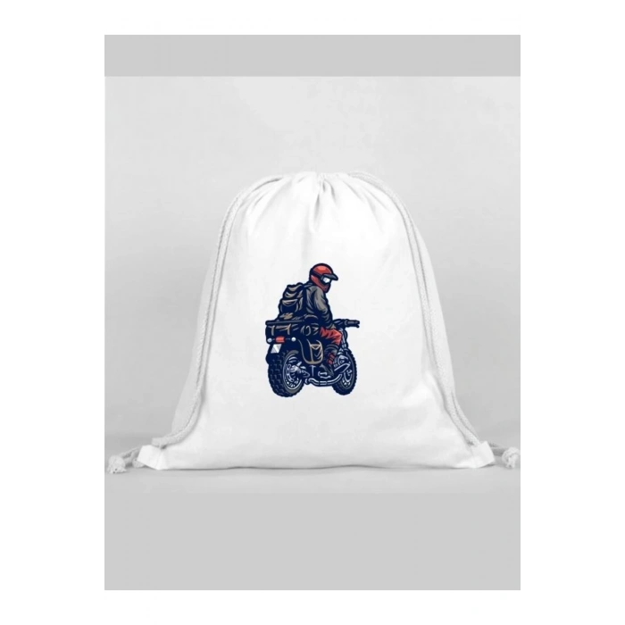Motorcu Baskılı Sırt Çantası - İp Büzgülü Spor Çanta