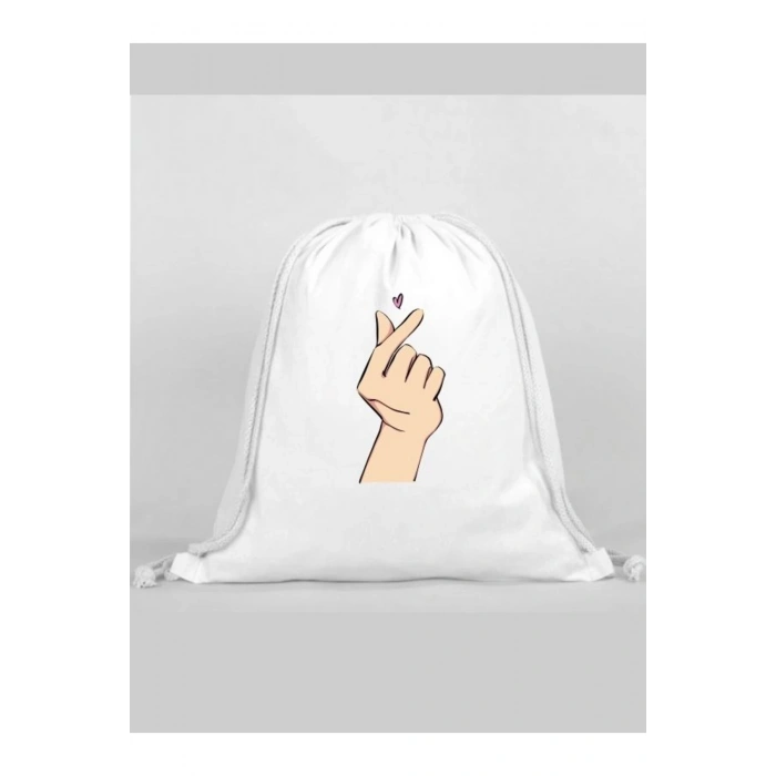 Ufak Kalp Baskılı Sırt Çantası - İp Büzgülü Spor Çanta