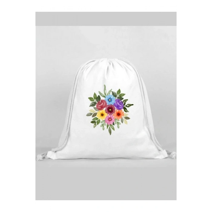 Çiçek Baskılı Sırt Çantası - İp Büzgülü Spor Çanta