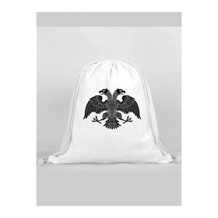 Çift Başlı Kartal Baskılı Sırt Çantası - İp Büzgülü Spor Çanta