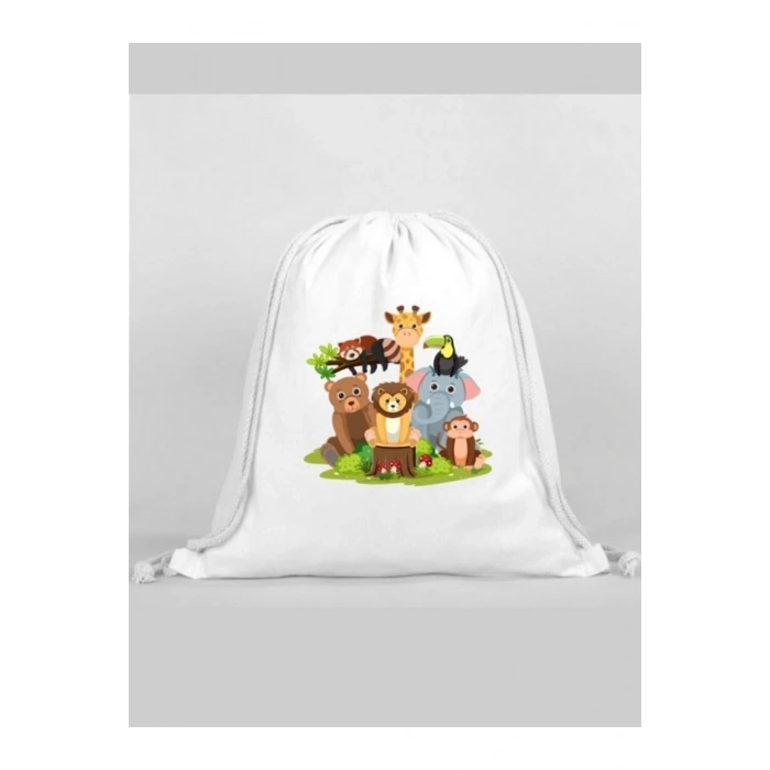 Hayvanlar Baskılı Sırt Çantası - İp Büzgülü Spor Çanta