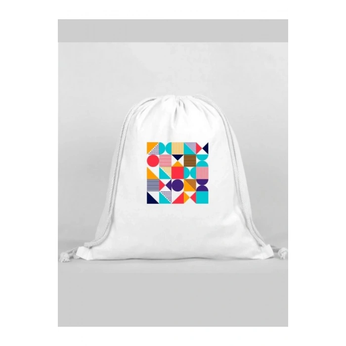 Geometrik Baskılı Sırt Çantası - İp Büzgülü Spor Çanta