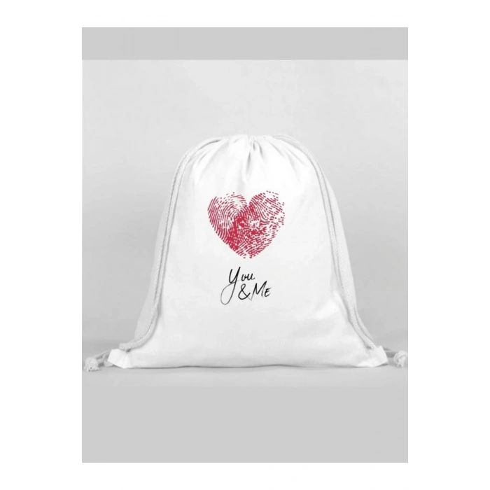 Kalp Baskılı Sırt Çantası - İp Büzgülü Spor Çanta