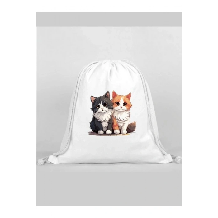 Kedi Baskılı Sırt Çantası - İp Büzgülü Spor Çanta