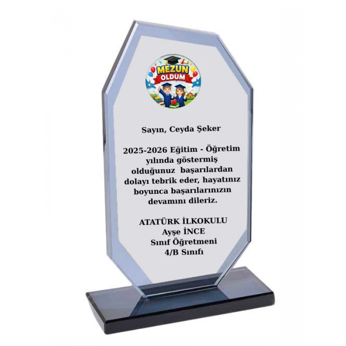Mezun Plaketi - Kişiye Özel Plaket - Cam Plaket - Mezuniyet Plaketi