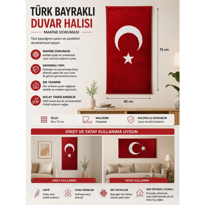 Türk Bayraklı Duvar Halısı - Makine Dokuma Türk Bayraklı Halı