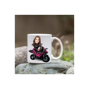 Kişiye Özel Bardak - Karikatür Bardak - Motorlu Kadın Bardağı