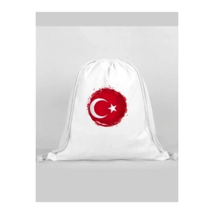 Türk Bayrağı Baskılı Sırt Çantası - İp Büzgülü Spor Çanta