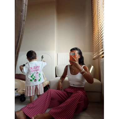 Kırmızı Pembe İnce Çizgili Anne Pantolon