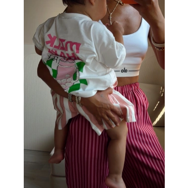 Kırmızı Pembe İnce Çizgili Anne Pantolon