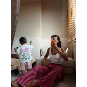 Kırmızı Pembe İnce Çizgili Anne Pantolon