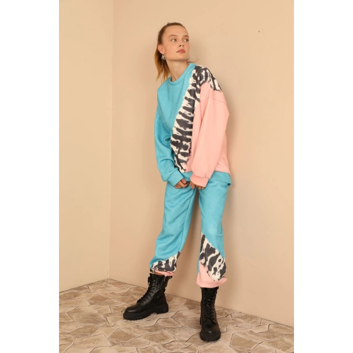 3 İplik Kumaş Uzun Kol Oversize/Salaş Zebra Desen Kadın Takım-Mavi