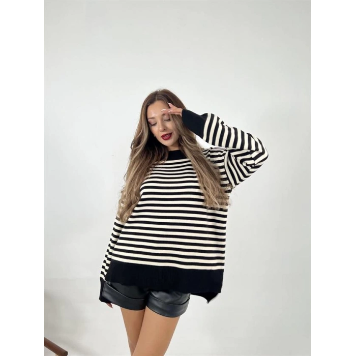 3344 ÇİZGİLİ SALAŞ KAZAK-SİYAH-KREM