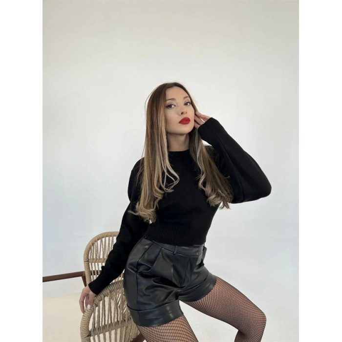 3914 TRİKO GENİŞ KOL CROP KAZAK-SİYAH