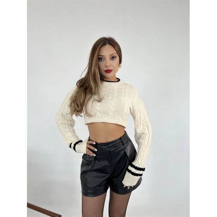 3925 TRİKO SAÇ ÖRGÜ CROP KAZAK-KREM-SİYAH