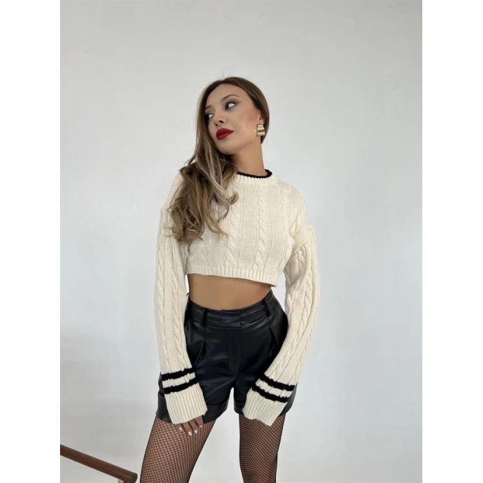 3925 TRİKO SAÇ ÖRGÜ CROP KAZAK-KREM-SİYAH