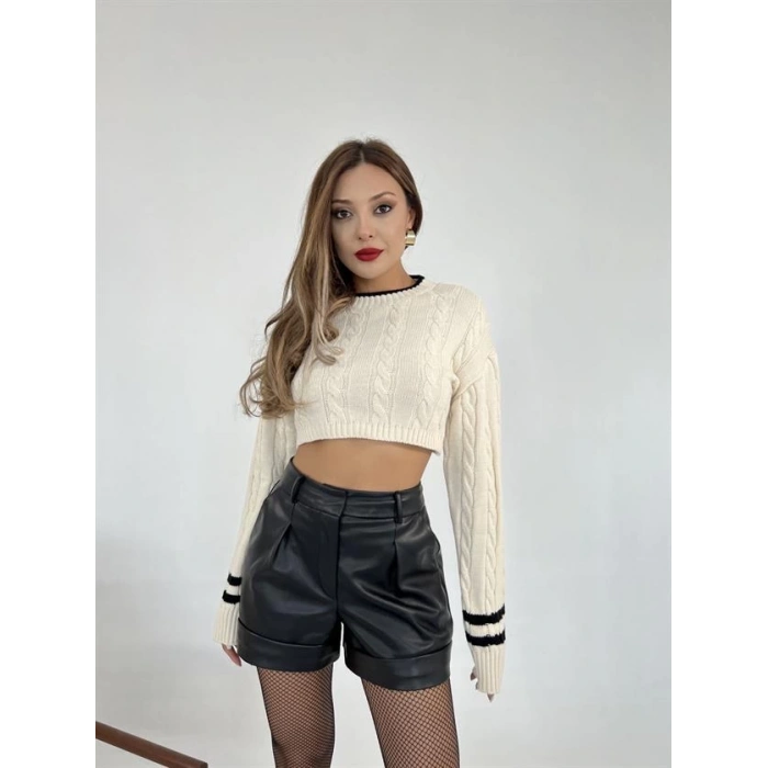 3925 TRİKO SAÇ ÖRGÜ CROP KAZAK-KREM-SİYAH