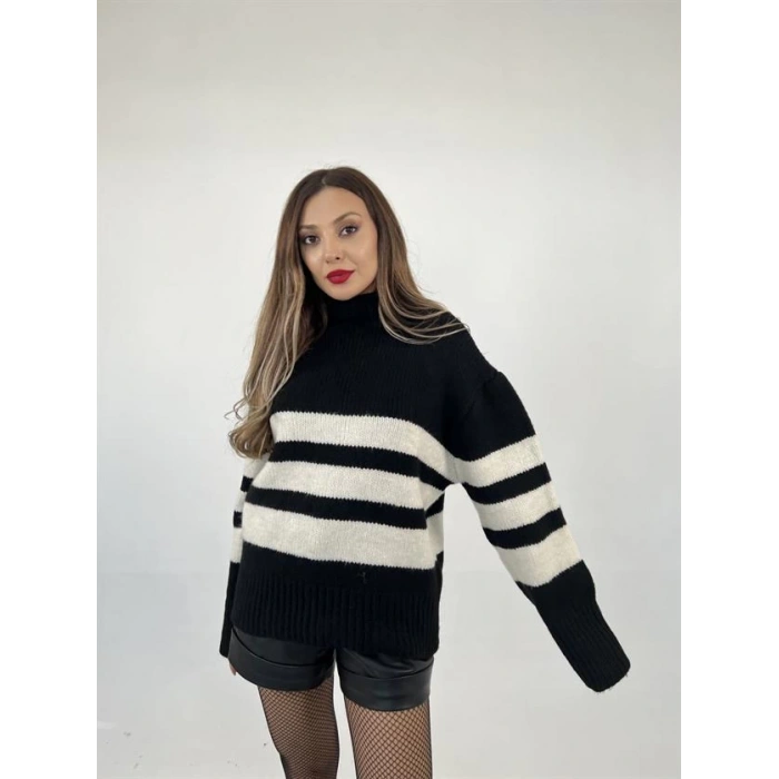 3941 ÇİZGİLİ ŞARDON KAZAK-SİYAH-KREM