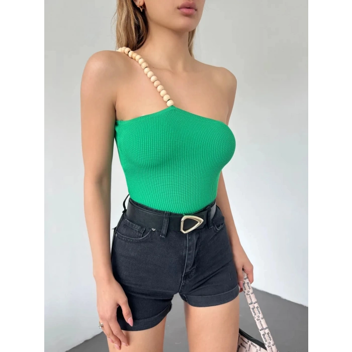Ahşap Boncuk Detaylı Askılı Triko Bluz Yeşil - DF2303
