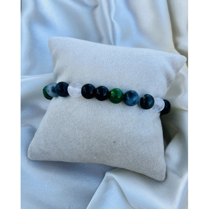 BEYAZ,GRİ,YEŞİL CEYD - SİYAH DOĞAL TAŞ BİLEKLİK