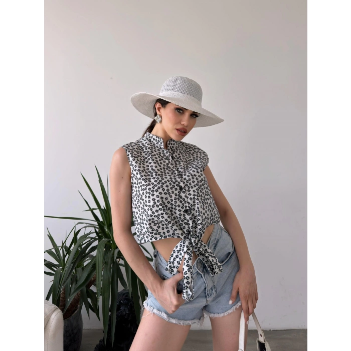 Çiçek Desenli Bağlama Detaylı Crop Gömlek Bluz