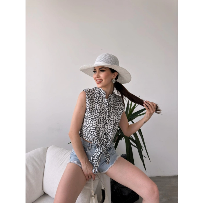 Çiçek Desenli Bağlama Detaylı Crop Gömlek Bluz