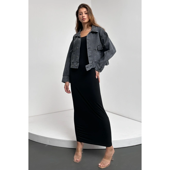 Çift Cep Beli Düğme Detaylı Denim Ceket