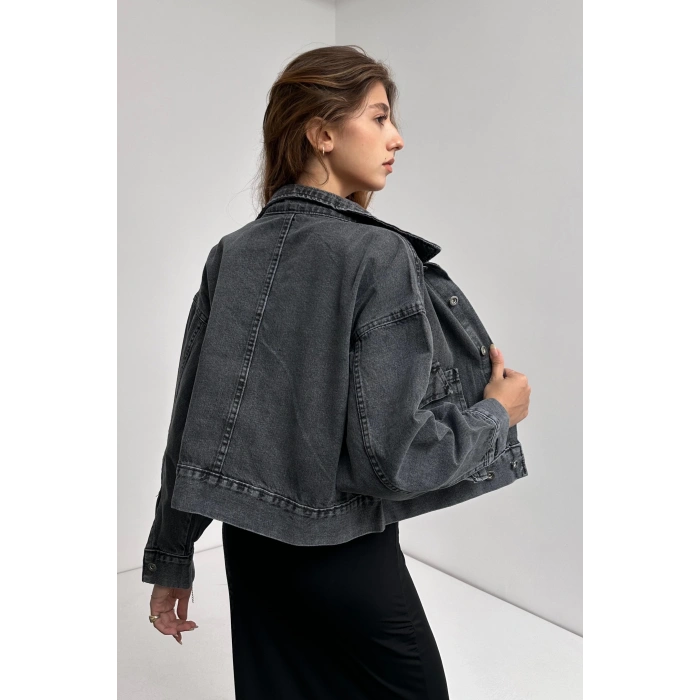 Çift Cep Beli Düğme Detaylı Denim Ceket