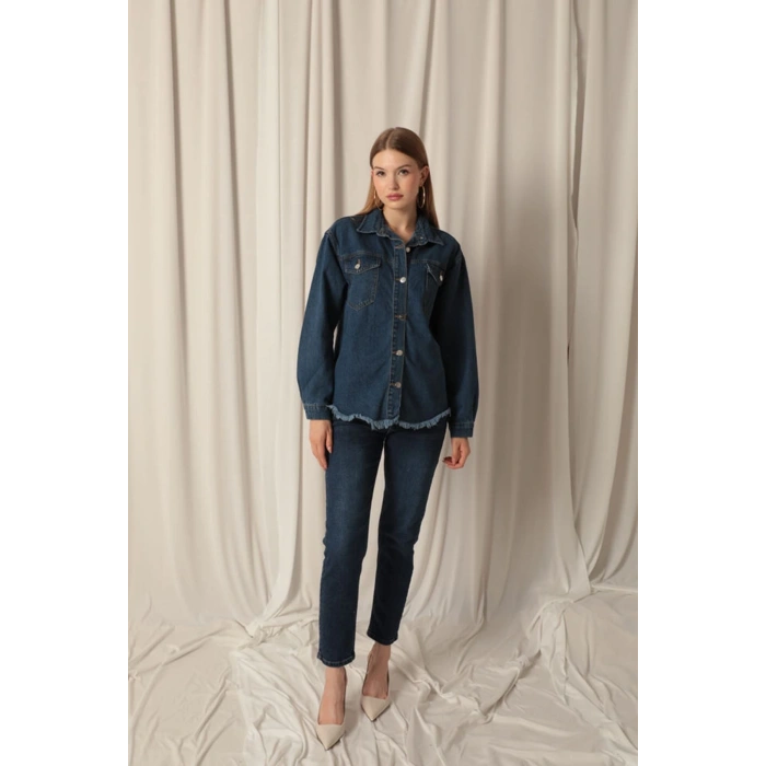 Denim Kumaş Cep Detay Püsküllü Kadın Mavi Kot Ceket