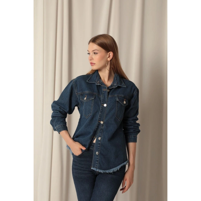 Denim Kumaş Cep Detay Püsküllü Kadın Mavi Kot Ceket