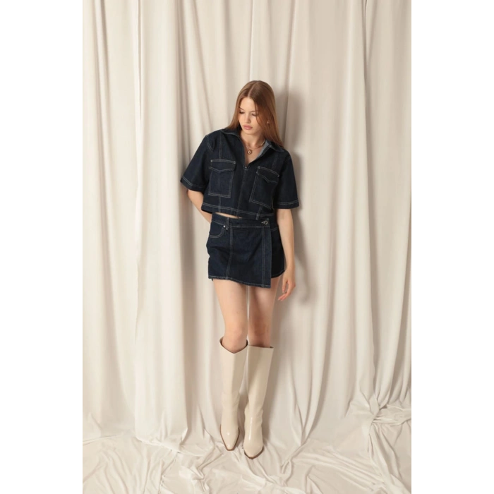 Denim Kumaş Kısa Cepli Crop Kadın Lacivert Kot Ceket