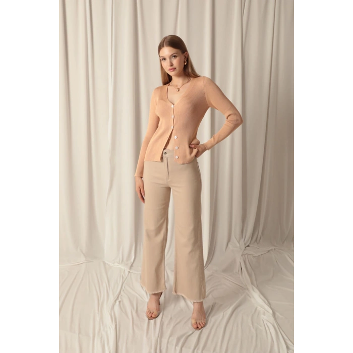 Denim Kumaş Paçası Püsküllü Salaş Kadın Bej Pantolon