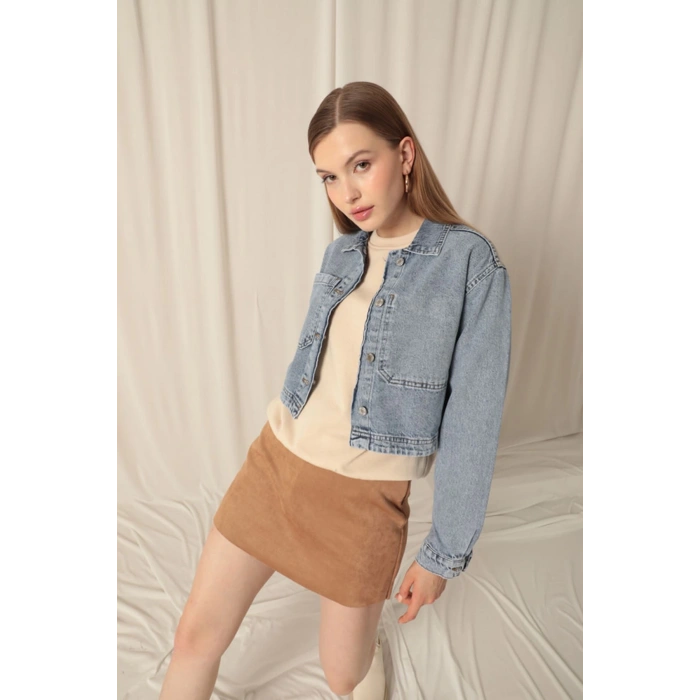 Denim Kumaş Ters Cep Kadın Mavi Ceket