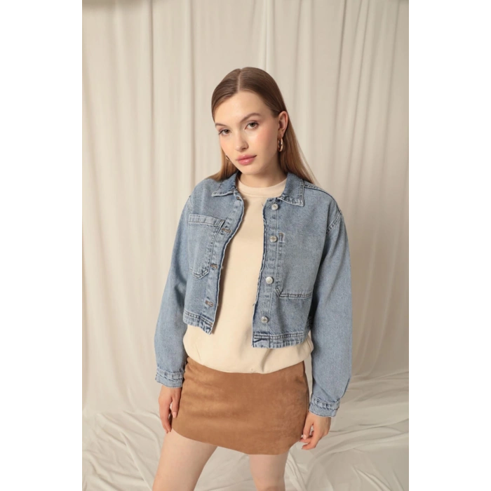 Denim Kumaş Ters Cep Kadın Mavi Ceket