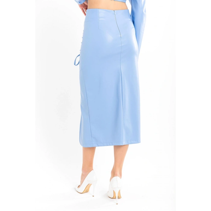 Deri Kumaş Diz Altı Boy Yırtmaçlı Büzgü Detaylı Kadın Etek-Mavi