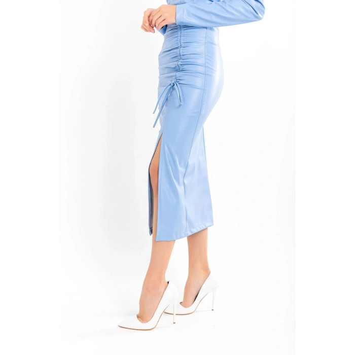 Deri Kumaş Diz Altı Boy Yırtmaçlı Büzgü Detaylı Kadın Etek-Mavi