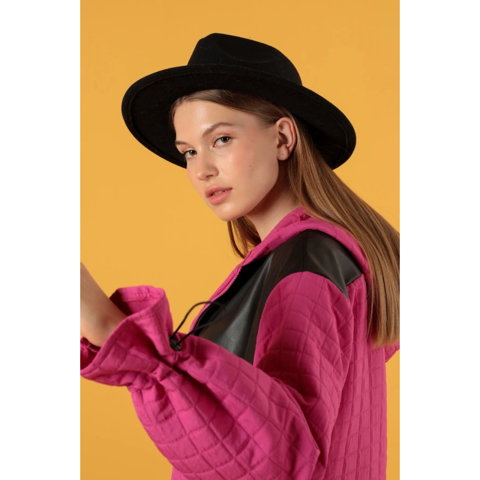 Deri Kumaş Garni Detay Jakar Kadın Trençkot-Fuşya