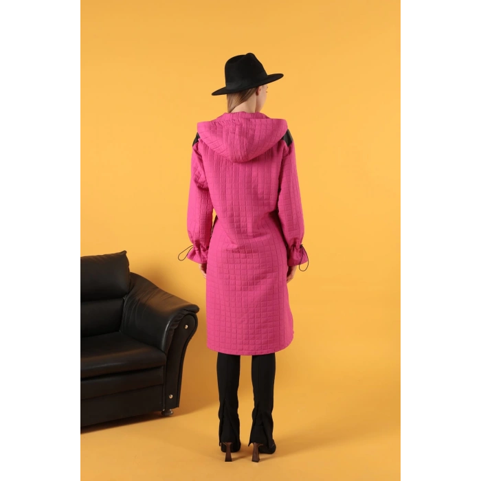 Deri Kumaş Garni Detay Jakar Kadın Trençkot-Fuşya